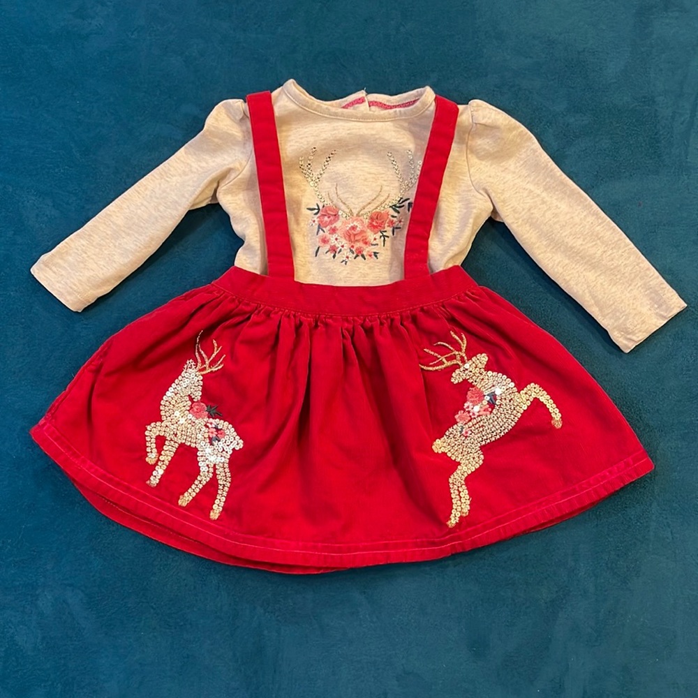 🌟 Monsoon Baby Sequin Corduroy Reindeer Pinafore Set size 6-12 months